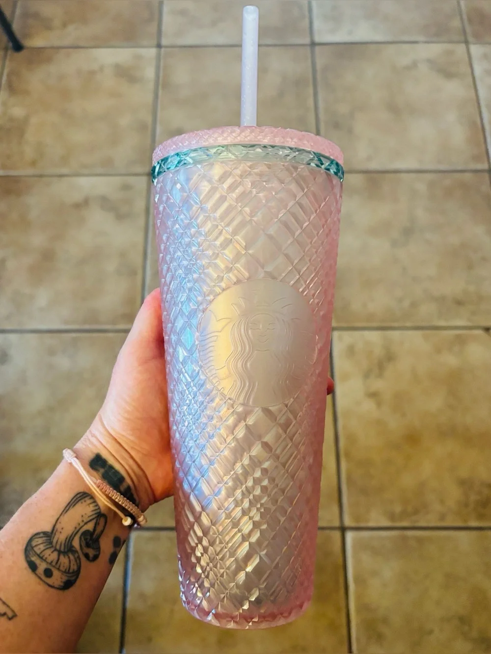 Starbucks | Light Pink 24OZ Cold Cup 2023 Coffee Summer Jeweled Green Lined Top